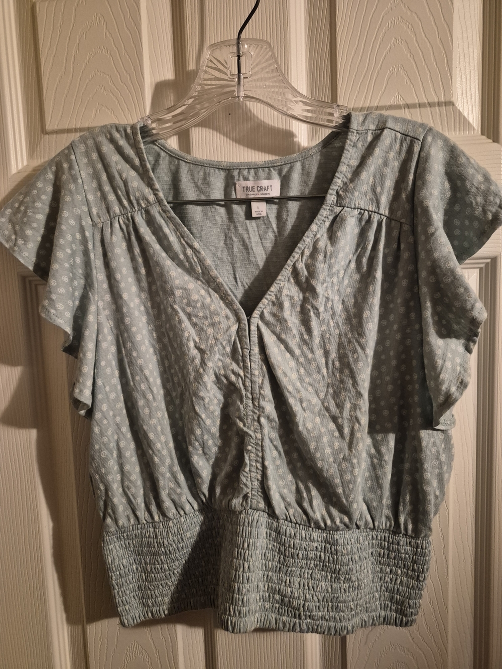 True Craft Light Sage Dot V-Neck Smocked-Waist Flutter Sleeve Top